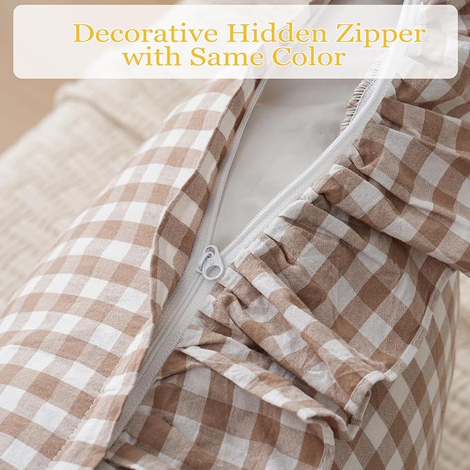 2 Pack Taupe/Brown Plaid Ruffle Throw Pillow Covers Farmhouse Checkered Chic Washed Cotton Pillowcases Gingham Pillow Shams for Bed, Sofa, Living Room-20"x20" Brown