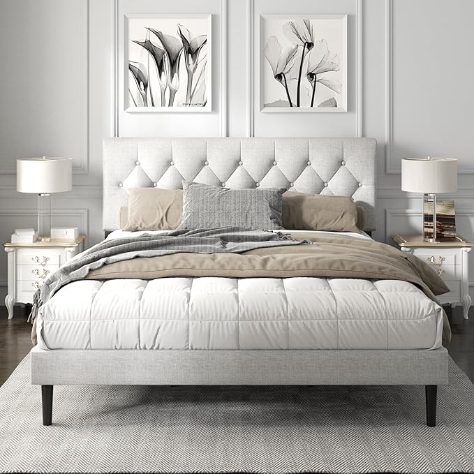 HAOARA King Size Platform Bed Frame with Upholstered Button Tufted Headboard, Mattress Foundation with Wooden Slat Support, Noise Free, No Box Spring Needed, Easy Assembly, Light Grey