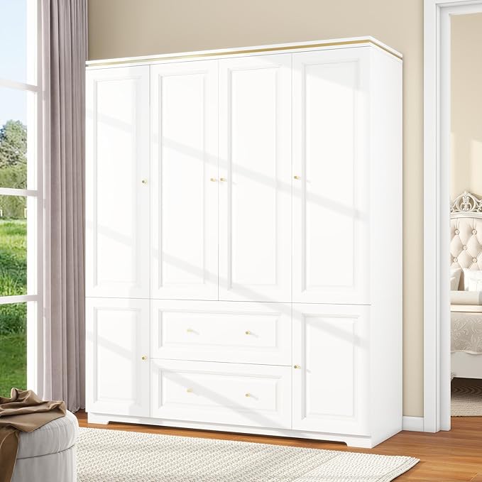 Bedroom Armoires Wardrobe Closet with 4 Doors, 74" White Wardrobe Cabinet with 2 Drawers, Wooden Wardrobes Closet for Hanging Clothes, Large Wardrobes Closets