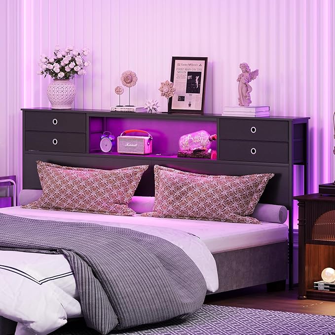 GiftGo Queen Size Headboard with 4 Fabric Storage Drawers Charging Station LED Light Adjustable Height Storage Rack Sturdy and Stable Metal Frame & Wood Shelf (Black, King (U.S. Standard))
