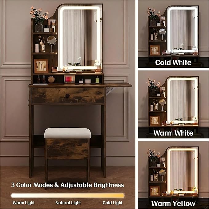 Haewon Small Vanity Desk with Mirror and Lights, Makeup Vanity with Charging Station, Compact Dressing Table Set with Storage Chair, Drawer and Shelves for Bedroom, Vintage Brown