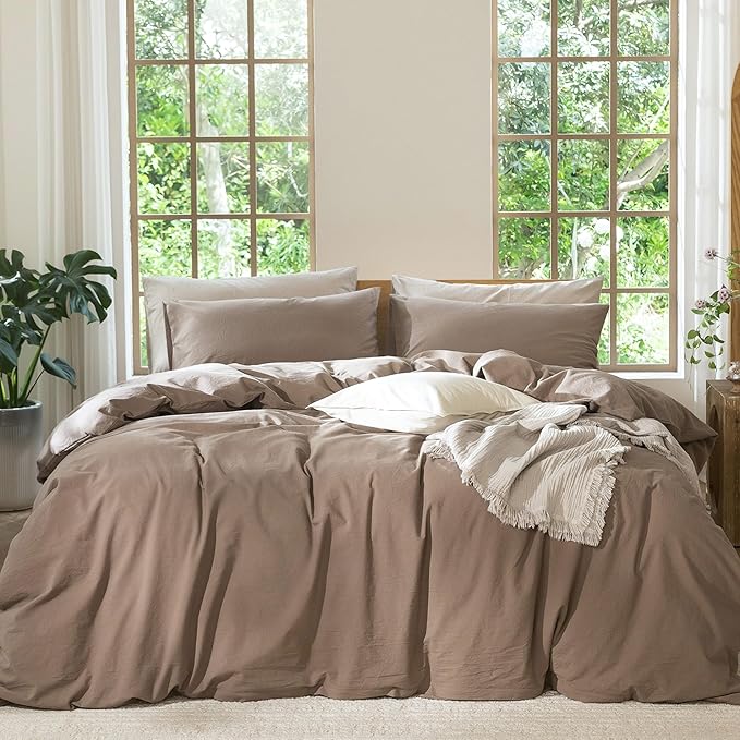 MooMee Bedding Duvet Cover Set 100% Washed Cotton Linen Like Textured Breathable Durable Soft Comfy (Solid Brown, Palatial King/Oversized King 120"x98")