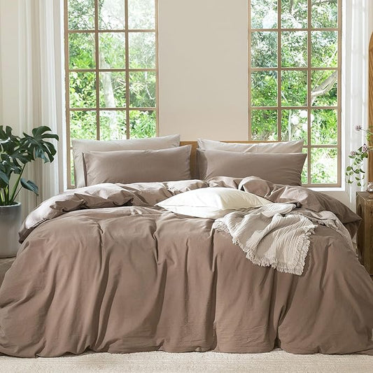 MooMee Bedding Duvet Cover Set 100% Washed Cotton Linen Like Textured Breathable Durable Soft Comfy (Solid Brown, Oversized Queen 98"x98")