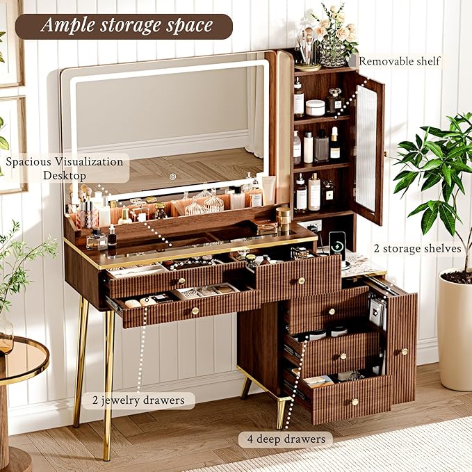 Arulvmrn Vanity Desk with 35.12" HD Lighted Mirror, 46.85" Big Modern Vanity Desk with Mirror and Lights, Makeup Vanity with 7 Drawers and Storage Shelves and Charging Station, Walnut