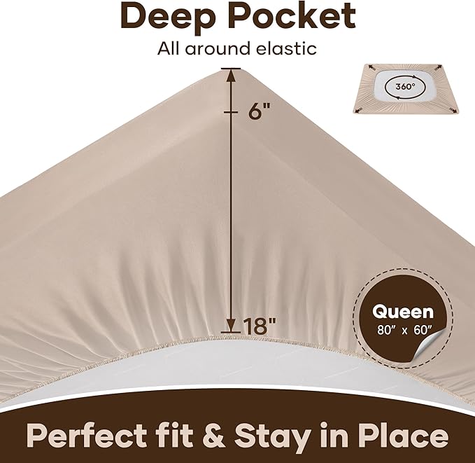 OhGeni 100% Waterproof Mattress Protector, Queen Size Brown, Fitted Sheet with Deep Pockets, 6''-18'', Premium Noiseless Breathable Soft Material, Mattresses Cover for Bed