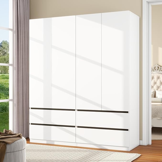 White Wardrobe Closet with Doors: 75" Large Capacity Bedroom Armoire, Wooden Cabinet with 4 Drawers, Hanging Storage Shelves with Hanging Rod (Contemporary, 2)