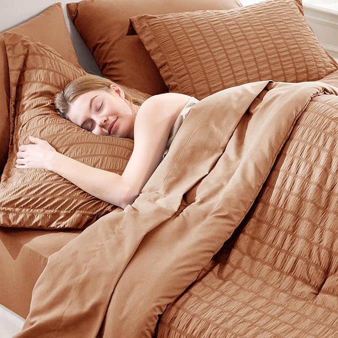 CozyLux Full Size Comforter Sets with Sheets 7 Pieces, Pumpkin Seersucker Bed in a Bag Textured Luxury Soft Bedding Set with Down Alternative Comforter, Sheets, Pillowcases & Shams for All Season