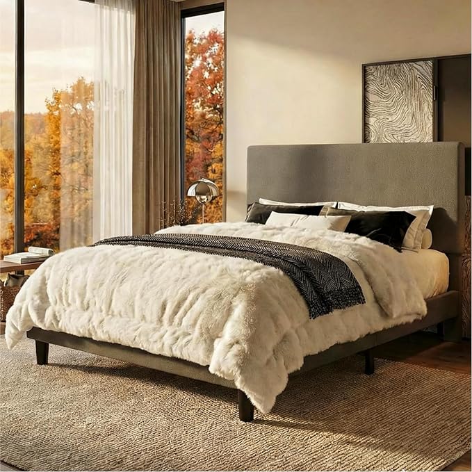 SHA CERLIN Queen Size Platform Bed Frame with Adjustable Headboard and Wooden Slats Support, Boucle Upholstered Mattress Foundation, No Box Spring Needed, Easy Assembly, Dark Grey