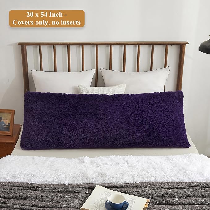XeGe Soft Plush Body Pillow Cover, 20x54 Big Fluffy Body Pillowcase, Boho Faux Fur Fuzzy Long Decorative Pillow Sham for Bedroom Sofa Couch, Solid Shaggy Bed Pillow Case Purple