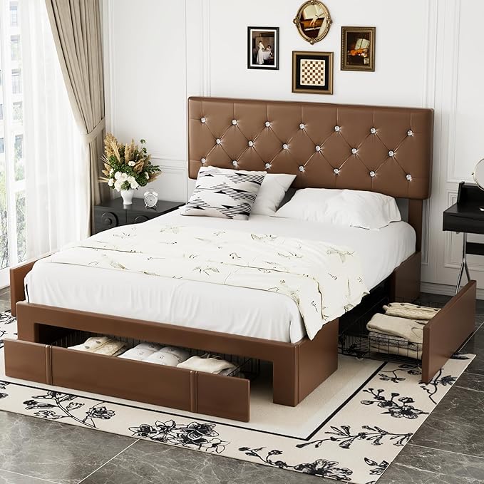 VECELO Queen Size Bed Frame with 3 Storage Drawers, Leather Upholstered with Diamond Tufted Headboard, Solid Wood Slat Support & Steel Framework, PU & Brown
