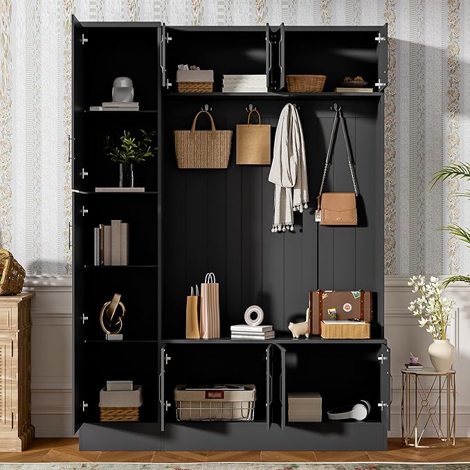 Merax Farmhouse Wood Hall Tree with 6 Hooks and Shoe Bench, Mudroom Versatile Coat Racks with 6 Cabinets & Adjustable Shelf, Entrance Organizer for Hallway, Entryway, Living Room Black