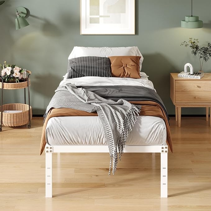 Upcanso 16 Inch White Twin XL Bed Frames, Metal Platform Twin XL Bed Frame with High Storage, Eassy Assembly 2,500 lbs Heavy Duty Bedframes
