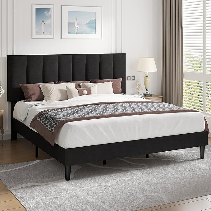 VECELO King Size Bed Frame with Upholstered Headboard, Heavy-Duty Bedframe with Strong Wooden Slats Support, No Boxing Spring Needed, Velvet & Black
