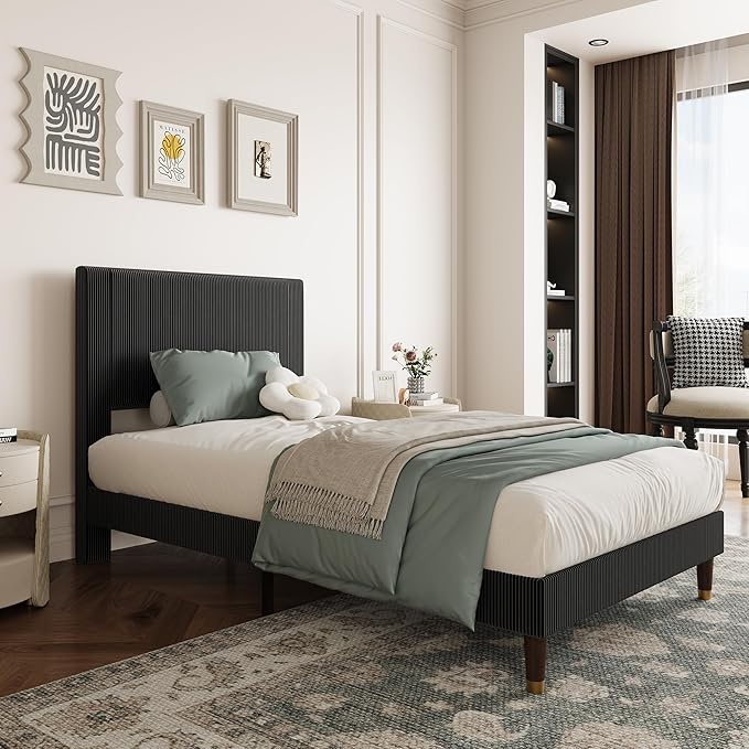 GarveeHome Twin Size Bed Frame with Upholstered Headboard and Strong Wooden Slats Support, Soft Corduroy Fabric Platform Bed, No Boxing Spring Needed, Easy Assembly, Black