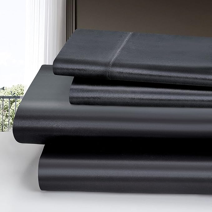 Homiest 4pcs Satin Sheets Set Luxury Silky Satin Bedding Set with Deep Pocket, 1 Fitted Sheet + 1 Flat Sheet + 2 Pillowcases (Cal King Size, Black)