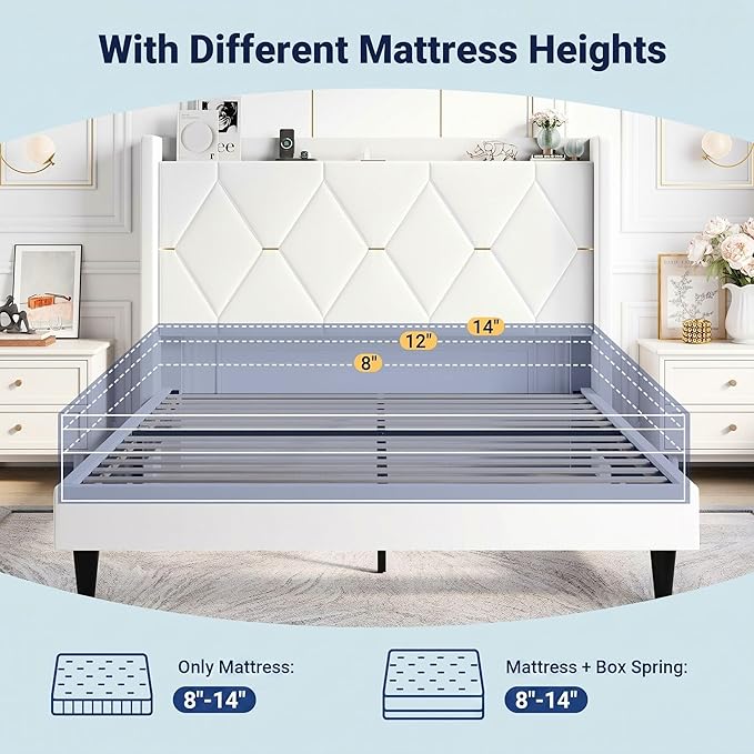 Allewie Velvet Queen Upholstered Bed Frame with Wingback Storage Headboard & Charging Station, Platform Bed with Diamond Tufted Design & Gold Trim, No Box Spring Needed, Easy Assembly, White
