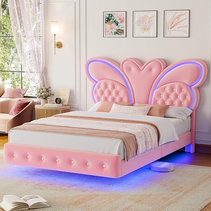 Keyluv Queen Bed Frame Butterfly-Pattern Upholstered Headboard, Modern Floating Bed with LED Lights Button Tufted on Headboard and Footboard, Slats Support No Box Spring Needed, Noise-Free, Pink