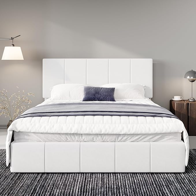 Allewie Full Size Dutch Velvet Upholstered Platform Bed Frame/Vertical Channel Tufted Adjustable Headboard/Low Profile Bed Frame/No Box Spring Needed/Easy Assembly/White