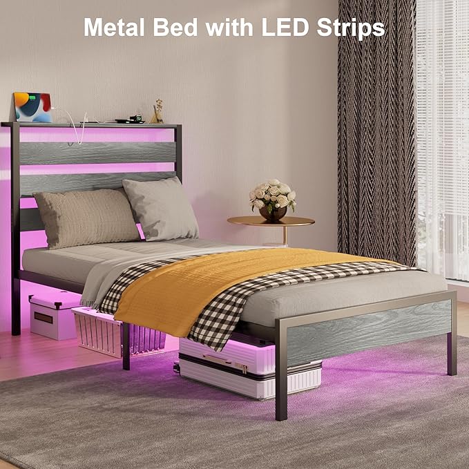 J.Fkne Twin Bed Frame with LED Lights & Charging Station, Metal Platform Bed with Headboard, Heavy Duty Metal Slats, No Box Spring Needed, Noise Free, Easy Assembly