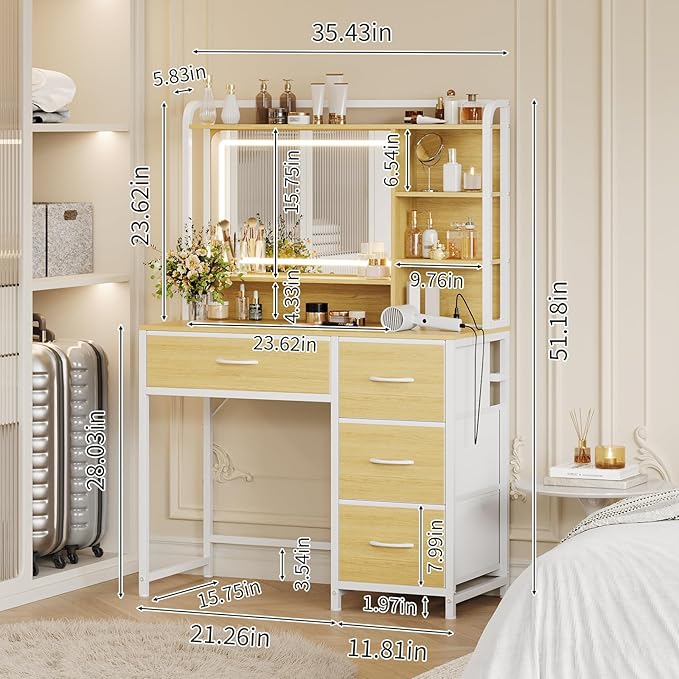 GarveeHome Vanity Desk with Mirror, 35.4” Makeup Vanity Table with Shelves, 4 Fabric Drawers Storage, Modern Dressing Table for Bedroom, Gift for Women
