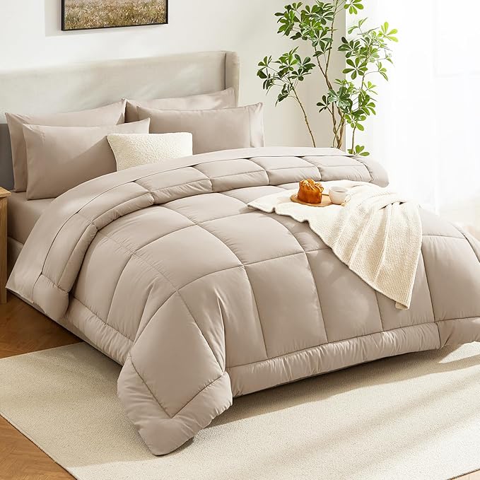 CozyLux Full Size Comforter Set Wheat, 7 Pieces Bed in a Bag, Wheat Comforter Full Size, All Season Bedding Sets with Stitch Quilted Comforter, Flat Sheet, Fitted Sheet, Pillowcases