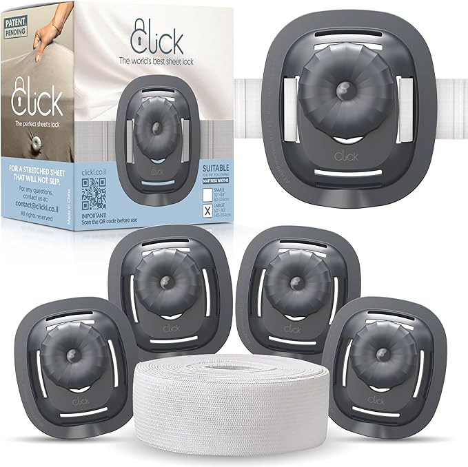 Click Bed Sheet Holder - No Lift Mattress Sheet Clips & Strap for Queen King Size Beds, Sheet Keepers to Keep Sheets on Bed, Heavy Duty Bedsheet Lock Fasteners to Hold Sheets in Place Firm & Tight