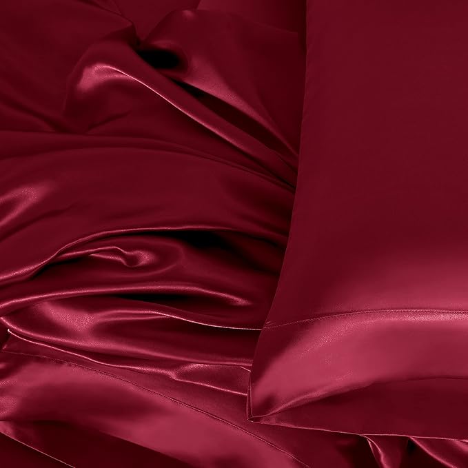 Homiest 4pcs Satin Sheets Set Luxury Silky Satin Bedding Set with Deep Pocket, 1 Fitted Sheet + 1 Flat Sheet + 2 Pillowcases (Queen Size, Burgundy)