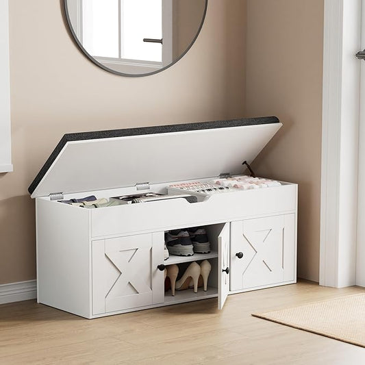 Homleke Shoe Storage Bench with Lift Top & 3 Barn Doors, Entryway Bench with Removable Cushion, Adjustable Shelf, Hidden Storage Cabinet for Hallway, Living Room, Bedroom - White