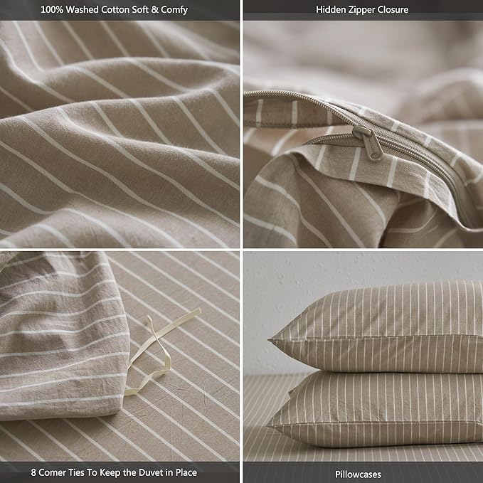 MooMee Striped Duvet Cover Set 100% Washed Cotton Linen Like Textured Breathable Durable Soft Comfy (Tannish Linen Grey White Wide Stripes, Twin 68"x90")