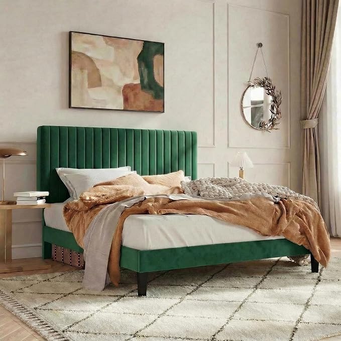 SHA CERLIN Full Upholstered Platform Bed Frame with Vertical Channel Tufted Velvet Fabric Adjustable Headboard, Wooden Slats Support, Mattress Foundation, Box Spring Optional, Green