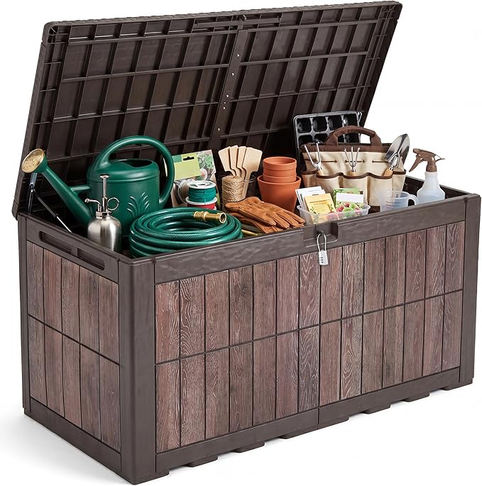 YITAHOME 134 Gallon Large Deck Box, Waterproof Resin Outdoor Storage Box with Lock, Doubles as Bench Seating for Patio Furniture Cushion, Garden Tools &Pool Accessories, Dark Brown & Wood-Grain Brown