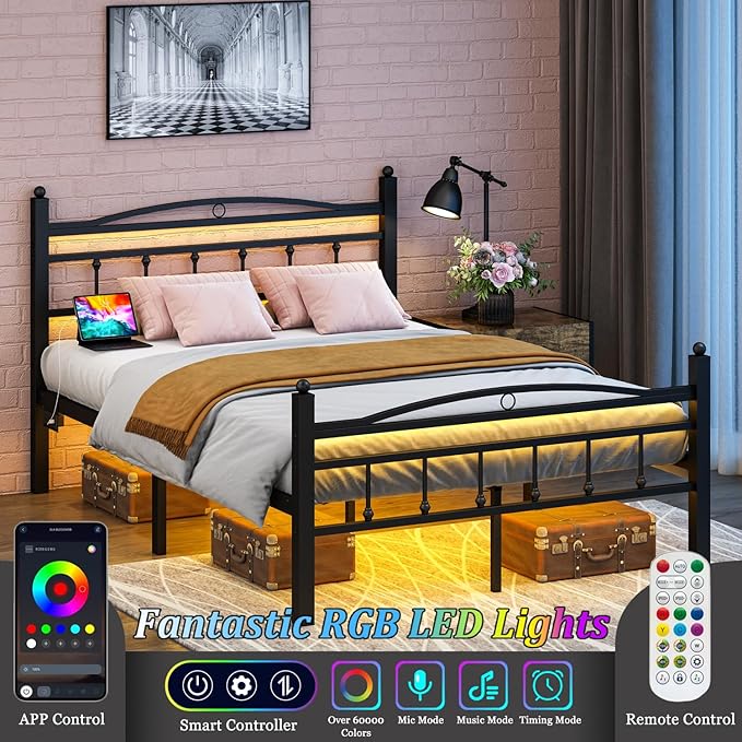 Jenmit Full Size Bed Frame with Headboard,Metal Platform Bed Frame with Charging Station & LED Lights,12in Storage Space Under Bed, No Box Spring Needed, Noise Free, Easy Assembly, Black