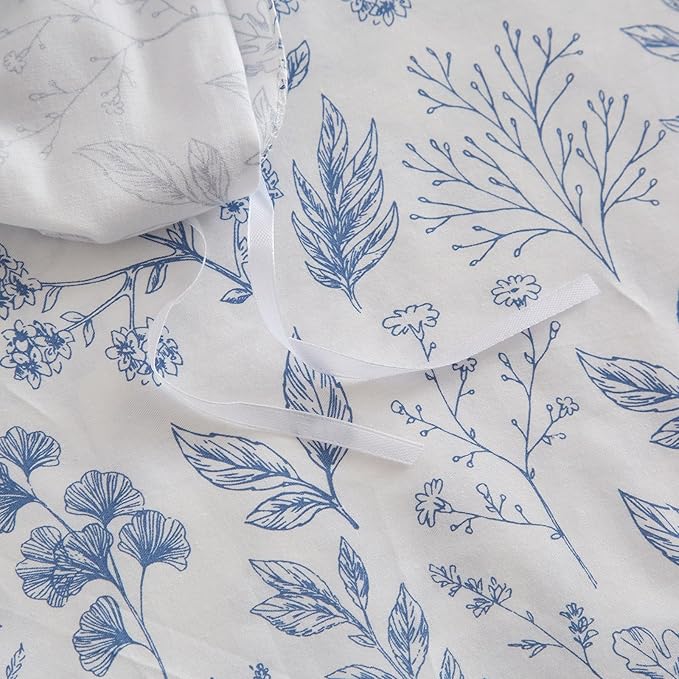 mixinni Garden Style Blue Flowers Leaves Duvet Cover King Size Soft Cotton Floral Printed Bedding Comforter Cover Set for Him and Her-(3pcs, King Size)