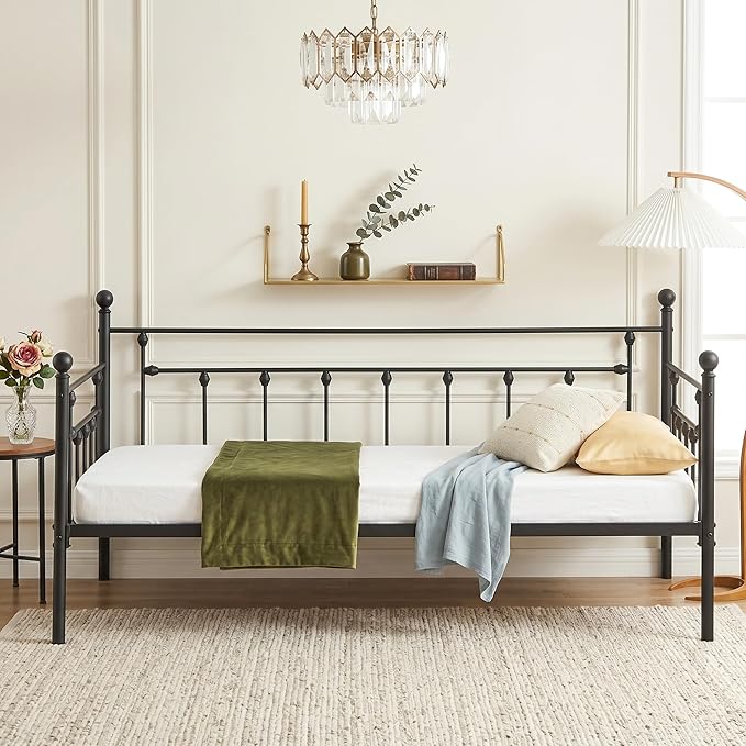 VECELO Daybed Frame, Twin Size Metal Platform Bed with Headboard,Heavy Duty Steel Slats Support for Living Room Bedroom Guest Room, Easy Assembly