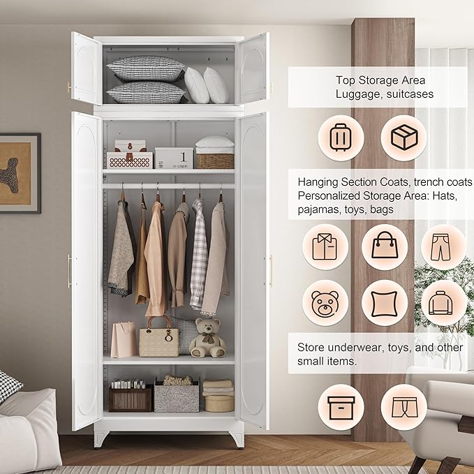 86" Metal Wardrobe Cabinets,Armoire Wardrobe Closet with Hanging Rod,Clothes Storage Cabinet with Adjustable Shelves and Doors,Clothing Cabinet for Bedroom, Office, Laundry Room