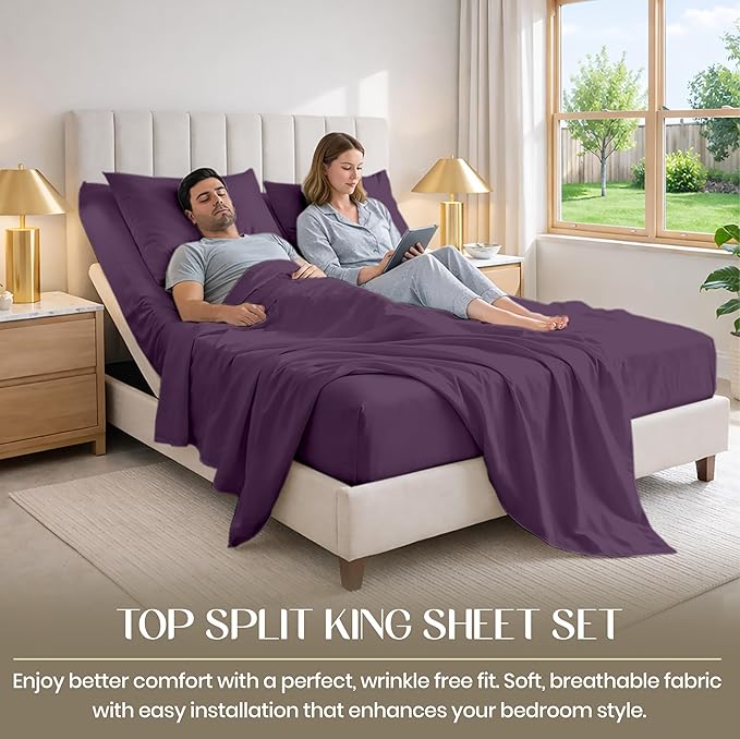 SGI bedding 36" King Split Top Flex Head Sheet 100% Egyptian Cotton Sheet Set 1000 Thread Count Flex Top Sheet for Adjustable Bed 4Pc Sheet Set 15" Deep Pocket for Sleep Number Bed - Plum
