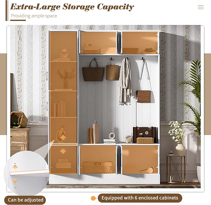 Merax Farmhouse Wood Hall Tree with Shoe Bench & 6 Cabinets, 4-in-1 Coat Rack with 4 Hooks & Adjustable Shelves, Entryway Storage Organizer Cabinet for Entrance, Hallway, Mudroom White