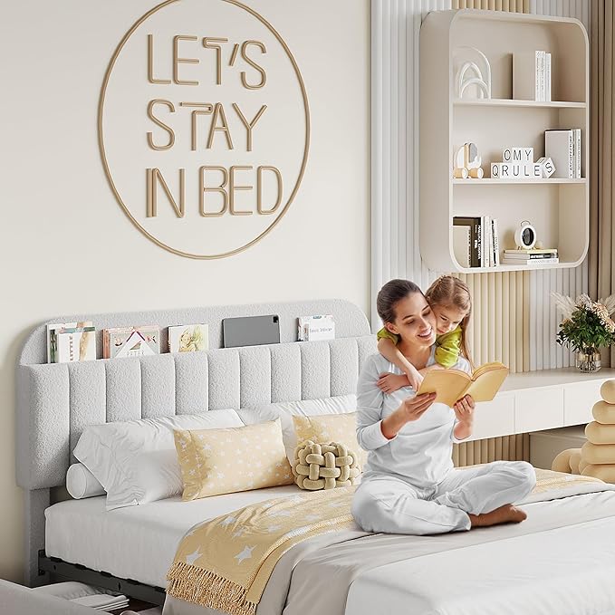 Garvee Full Size Bed Frame with 2 Flexible Drawers, Boucle Upholstered Platform Bed Frame with Bookcase Headboard, Bedframe for Kids/Boys, Easy Assembly, No Box Spring Needed, Noise Free, Grey