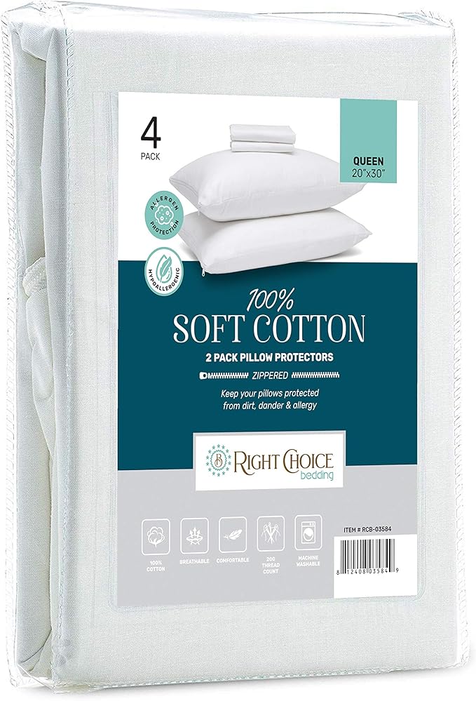Cotton Pillow Protectors with Zipper -Zip Up Pillowcase (4 Pack, Queen 20x30)