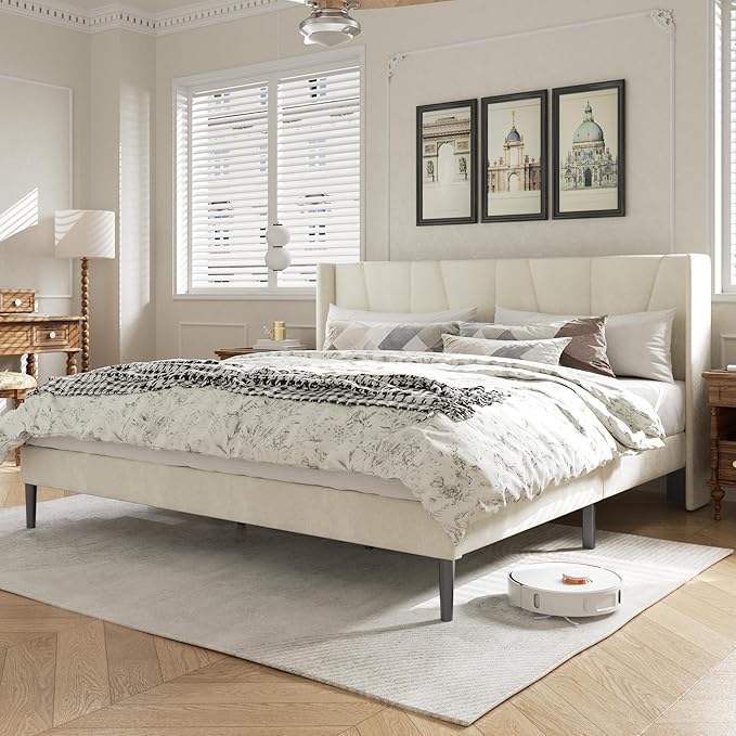 HAOARA King Bed Frame with Headboard, Velvet Upholstered Platform Bed Frames with Wingboard, Contemporary Mattress Foundation, Noise Free, No Box Spring Needed, Easy Assembly, Beige