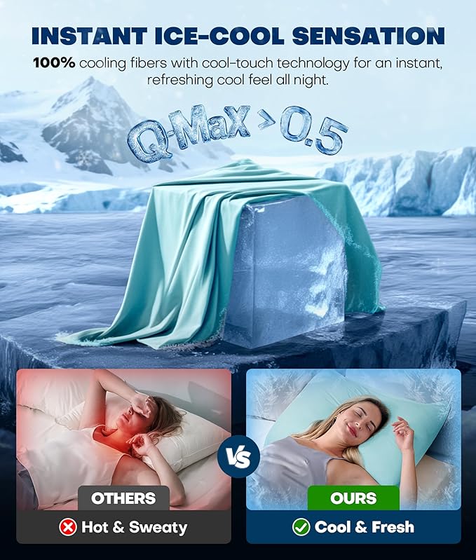 Ultra-Chill Cooling Pillowcase Set of 2 for Hot Sleepers, Softer Than Silk Pillow Cases for Protecting Hair & Skin, Breathable Bed Pillow Covers w/Zipper, Gifts for Women Men (Mint Blue, Queen)