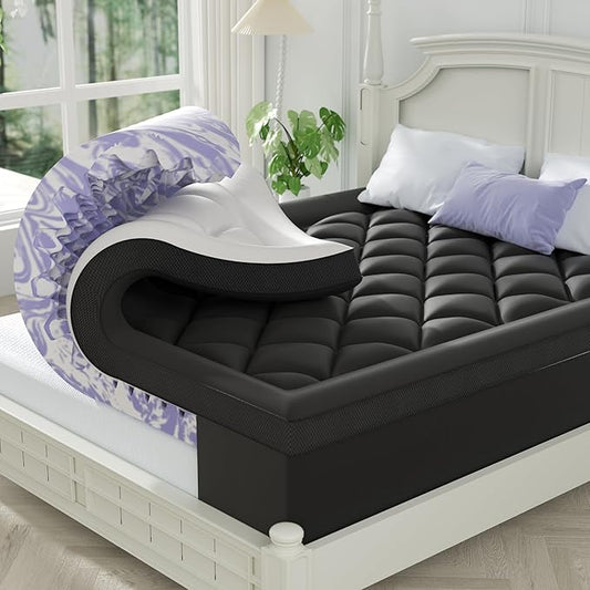 ChiXpace Dual Layer 4 Inch Memory Foam Mattress Topper King - 2 Inch Gel Memory Foam and 2 Inch Pillow Top Mattress Pad, 7-Zone Egg Crate King Size Mattress Topper (Black-White)