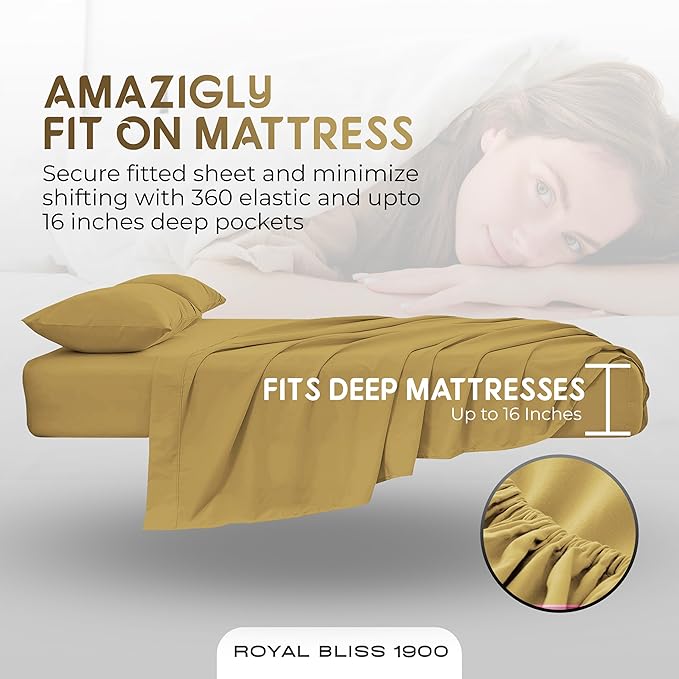 Split Queen Sheets - 5 Pcs Set for Adjustable Bed - Soft, Wrinkle-Resistant (Gold)