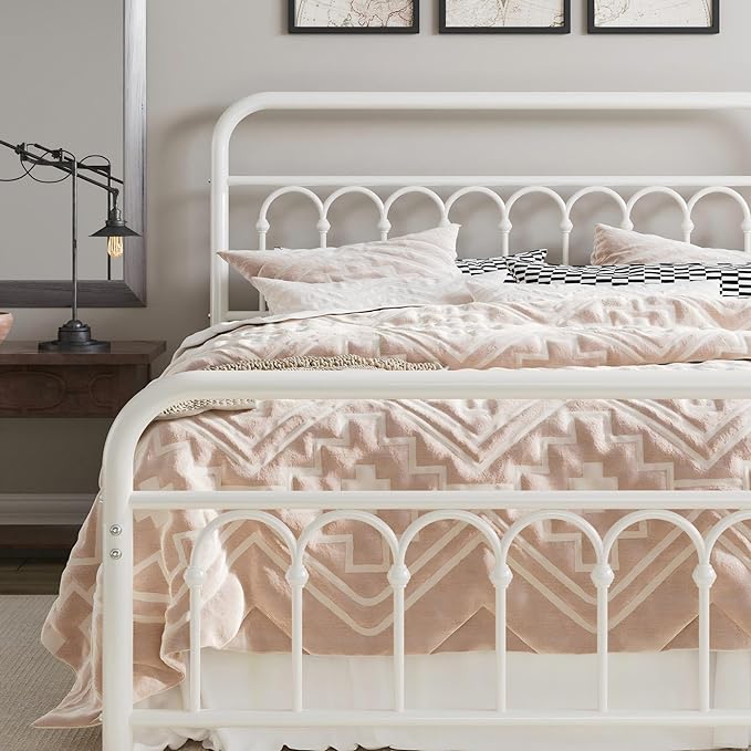 Allewie 14 Inches Queen Size Metal Platform Bed Frame with Victorian Style Curved Iron-Art Headboard/Footboard, Easy Assembly, Under Bed Storage, No Box Spring Required, Cream White