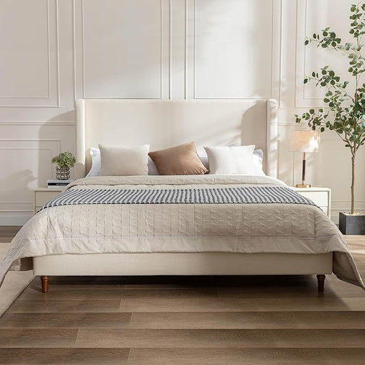 GDFStudio Tall Headboard Upholstered Bed,King Size Platform Bed Frame with Headboard Wingback,54" High No Box Spring Needed Easy Assembly Elegant Simplicity Ivory Boucle