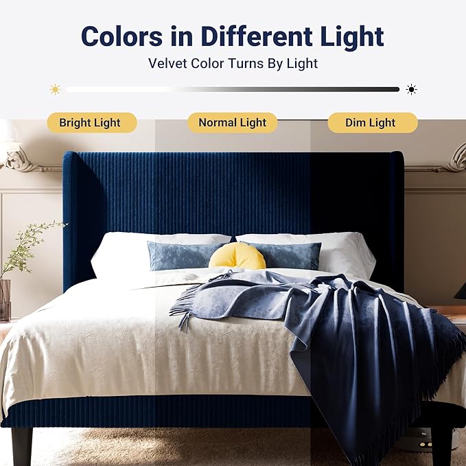 Allewie Full Size Bed Frame with Upholstered Wingback Headboard, Vertical Channel Tufted Corduroy Velvet Platform Bed, Strong Wooden Slats Support, No Box Spring Needed, Easy Assembly, Dark Blue