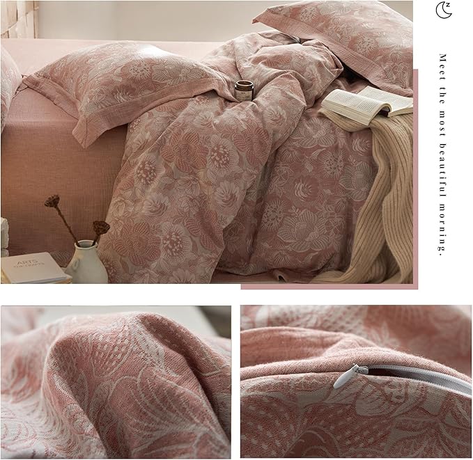 VM VOUGEMARKET Jacquard Floral Duvet Cover Set King,Yarn-Dyed Cotton Blush Pink Flower Duvet Cover Bordered,Vintage Garden Style Bedding Set King Size 3 Pieces