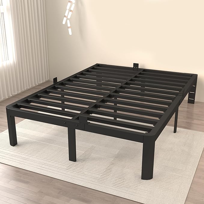 ITIMIDI 12 Inch Queen Bed Frame, Safety Design with Rounded Corner Legs and DIY Headboard, Metal Bed Frame Queen Size, Heavy Duty Steel Slat Support, Noise Free, No Box Spring Needed, Black