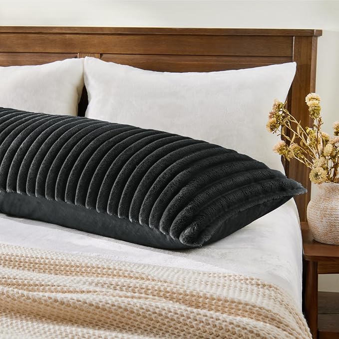 BEDELITE Fluffy Faux Fur Body Pillow Cover with Zipper, Luxury Plush 3D Striped Pillow Cover 20x54 Inches, Super Soft and Cozy Long Body Pillow Pillowcase for Bed Sofa Couch Room Decor(Black)