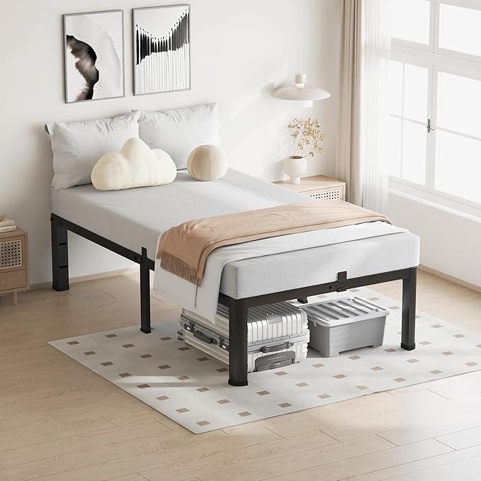VIPSHOW 14 Inch Twin XL Bed Frame, 3500Lbs Heavy Duty Metal Platform with Round Corner Legs Mattress Slide Stopper, Steel Slat Support No Box Spring Needed, Noise Free, Non-Slip, Easy Assembly